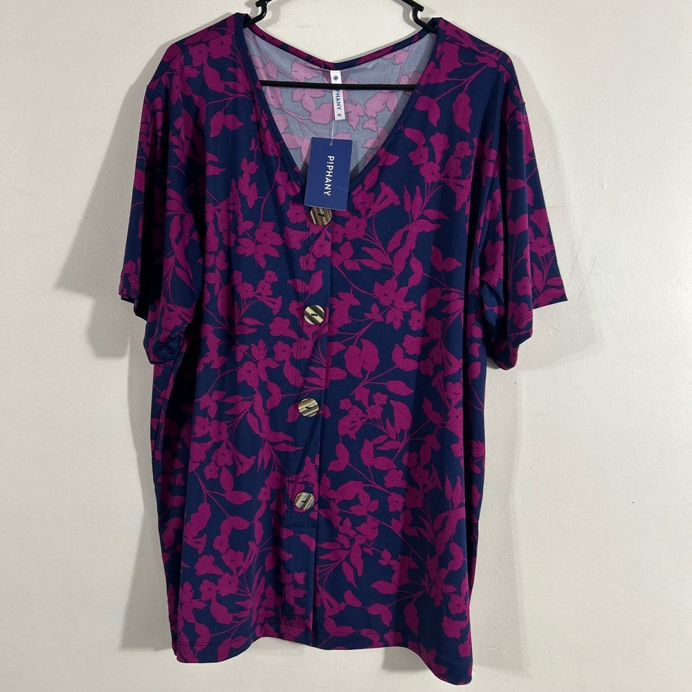 Piphany Floral Blouse Womens XL Navy 
Fuchsia NEW Short Sleeve Button Front Top